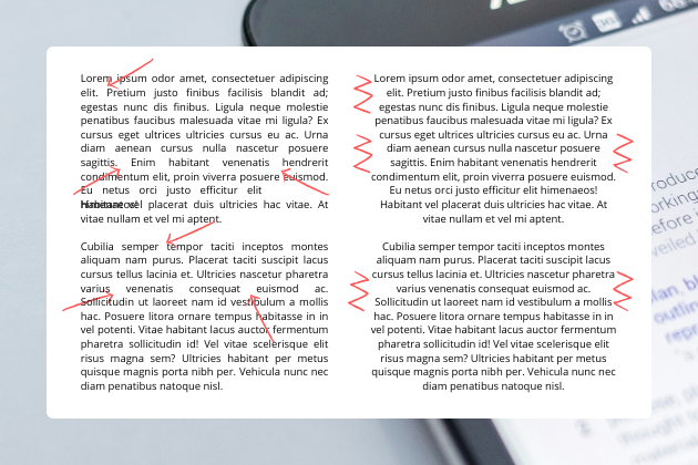 Capture d'écran de textes justifiés ou centrés présentant des problèmes