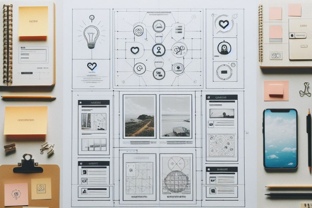 Image représentant un bureau avec des maquettes et post it