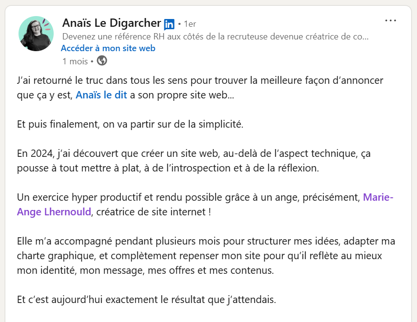 Capture d'écran de la publication d'Anaïs annonçant la sortie de son nouveau site où elle explique qu'elle a obtenu exactement le résultat qu'elle attendait