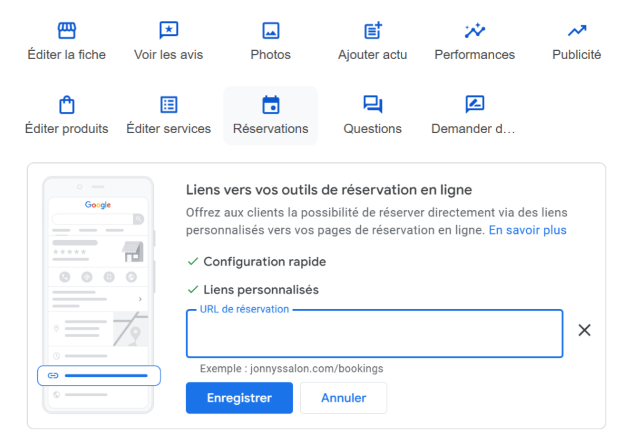 Captire d'écran de l'interface Google Business