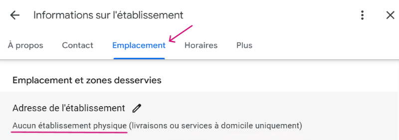Capture d'écran de l'interface Google Business affichant Aucun établissement physique sous Adresse de l'établissement