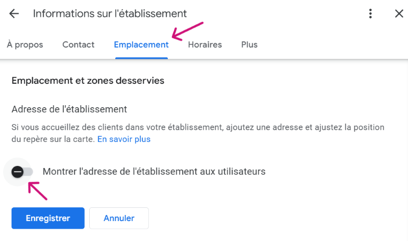 Capture d'écran de l'interface Google Business avec le toggle Montrer l'adresse de l'établissement aux utilisateurs désactivé
