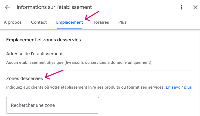 Capture d'écran du champ Zones desservies dans Google Business
